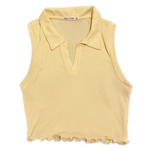 Yellow Collared Rib- Knit Cropped Polo
